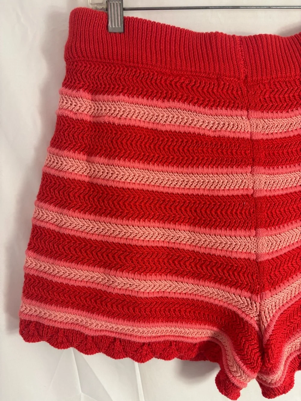 Striped Red Crochet Knit Beaded Draw String Pull On Retro Boho Shorts Size XL - Picture 9 of 9